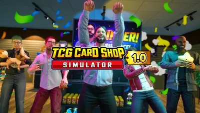 Key-Art zum 1.0-Start mit Logo und jubelndem Ladenbesitzer